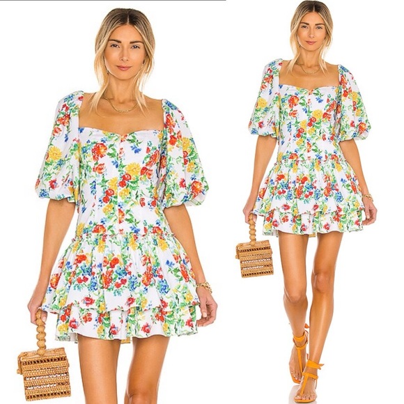 Caroline Constas Cottagecore Floral Tiered Mini Dress 80s Puff Sleeve M $495 - Picture 1 of 12